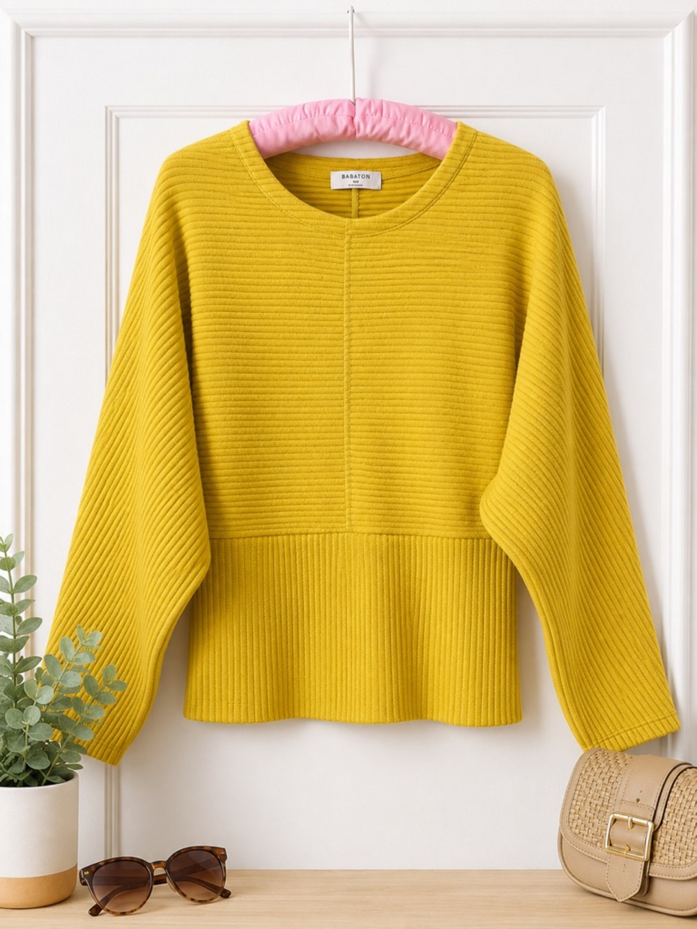 Babaton Aritzia Ribbed Knit Crop Top XXS Mustard Yellow Dolman Sleeve